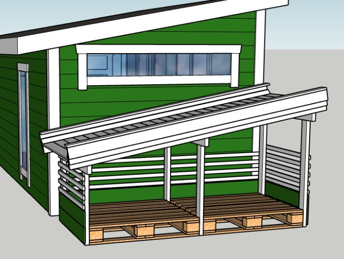 3D-skiss av ett grönt skjul med anslutande träaltan och sluttande takkonstruktion.