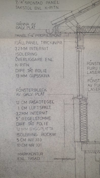 Del av gammal byggritning med text och snitt av en väggstruktur som anger material som internit och eternit.