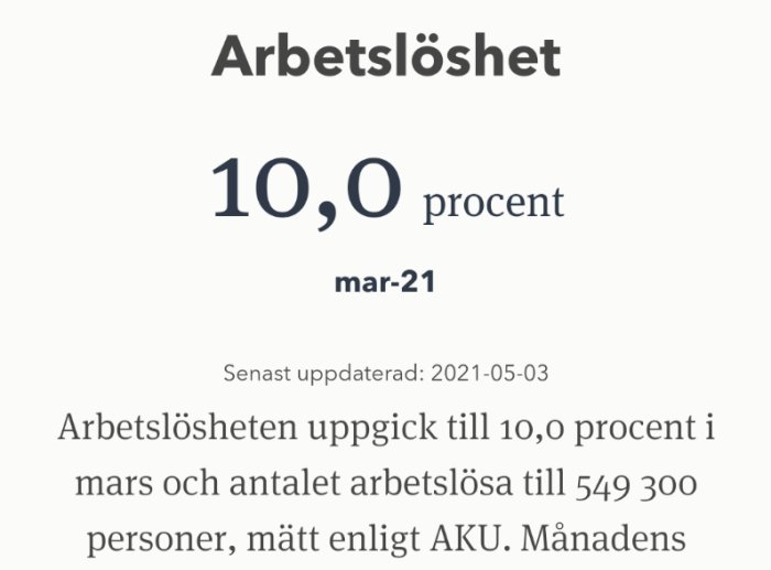 Statistik över arbetslöshet med 10 procent i mars 2021 och totalt 549 300 arbetslösa personer.