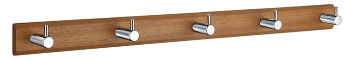 Trä kroklist med fem metallkrokar för badrum, stilren design.