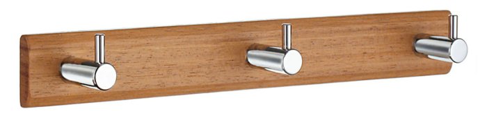 Träkroklist med tre metallkrokar för badrum.