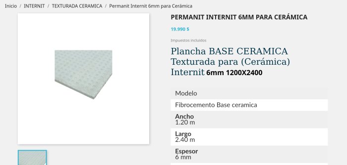 Internit fibercement skiva för keramik, 6mm tjocklek, 1200x2400mm storlek, texturerad yta.