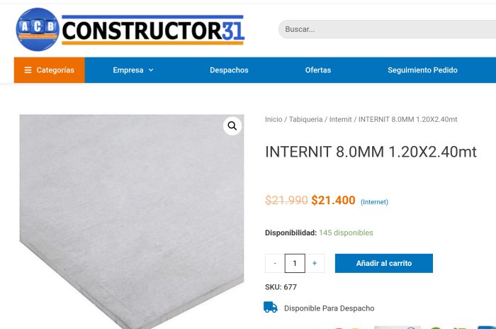 Skärmbild av en webbplats som visar Internit fibercementplatta med pris och produktdetaljer.