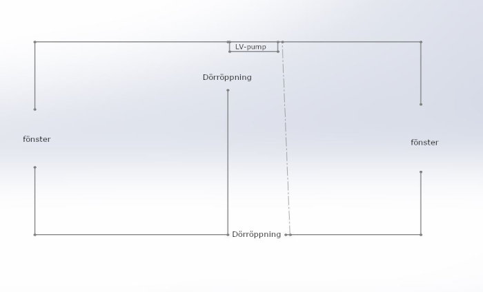Enkel ritning av en planlösning som visar två rum med dörröppningar och en LV-pump, streckad linje indikerar planerad vägg.