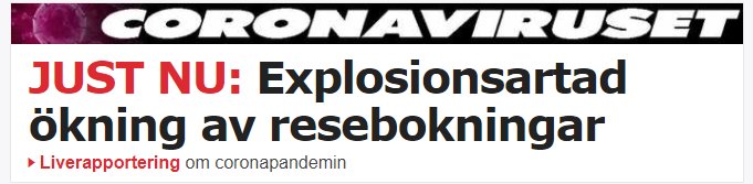 Rubrik om explosionsartad ökning av resebokningar med hänvisning till coronapandemin.