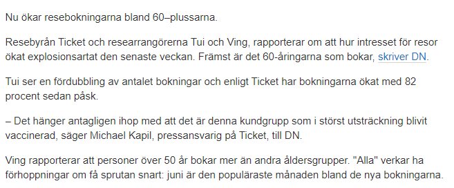 Skärmdump av en nyhetsartikel om ökade resebokningar bland äldre, refererar till data och citat från branschrepresentanter.