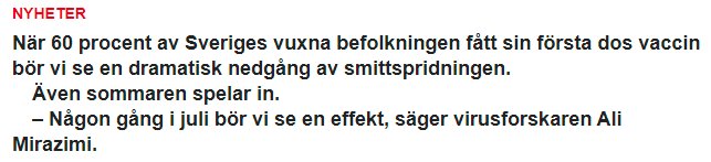 Skärmdump av nyhetsartikel om effekten av COVID-19-vaccinet i Sverige enligt en expert.