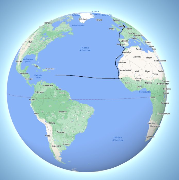 Världskarta som visar planerad segelrutt från Sverige till Antigua via flera länder.