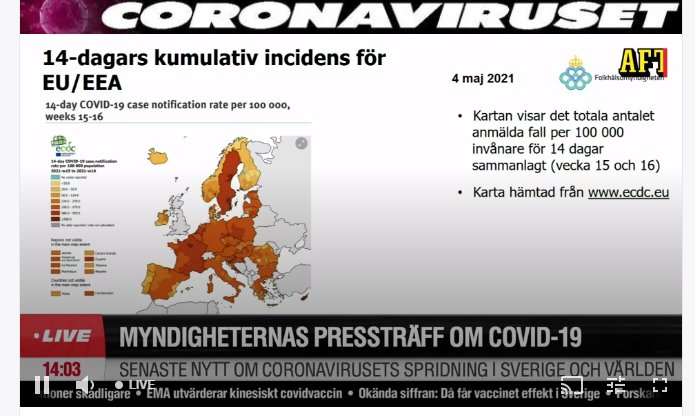Skärmbild av en COVID-19 incidenskarta för EU/EEA från en presskonferens.