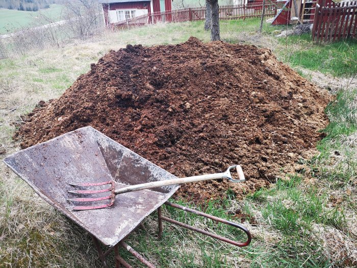 En stor hög med hästgödsel vid en röd stuga och en gammal skottkärra med en grepe.