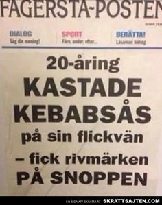 Tidningsurklipp från "Fagersta-Posten" med rubrik om en 20-åring som kastade kebabsås.