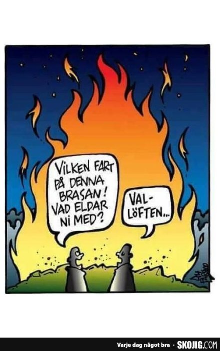 Seriebild med två figurer framför stor eld, pratbubblor innehåller skämt om "val-löften".