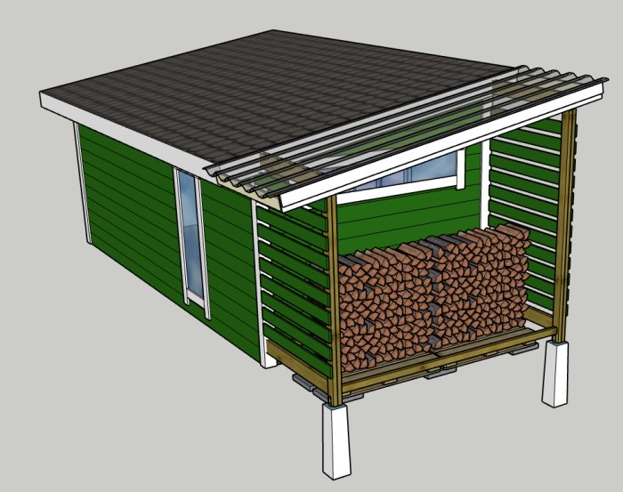 Konceptbild av ett fristående vedskjul med gröna väggar och tak, trädd veden en bit ut från en vägg.