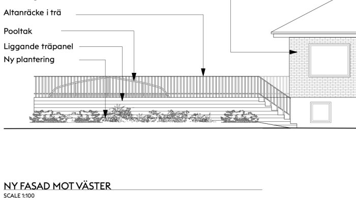 Arkitektritning av en altan med staket, trappor och pooltak intill en husfasad.