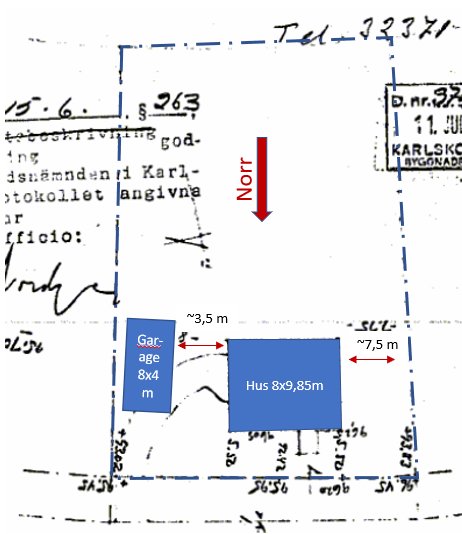Planritning som visar ett hus med måtten 8x9,85 meter och ett garage på 8x4 meter, med en pil som markerar norr.
