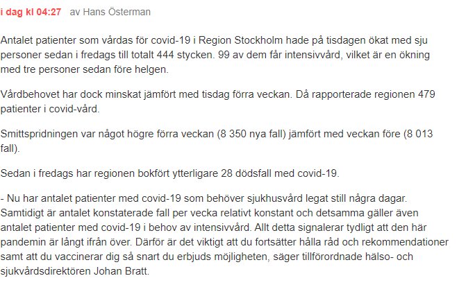 Skärmdump av en nyhetsartikel som rapporterar ökat antal covid-19 patienter i vården i Stockholm.
