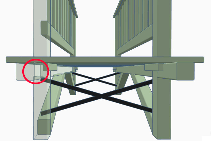 3D-modell av trädgårdsbro med markerat korsningspunkt mellan stolpe och spång.