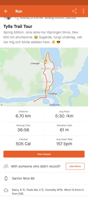 Skärmbild från en aktivitetsapp som visar en karta över en avslutad löprunda på 6.70 km, tids- och hälsostatistik.