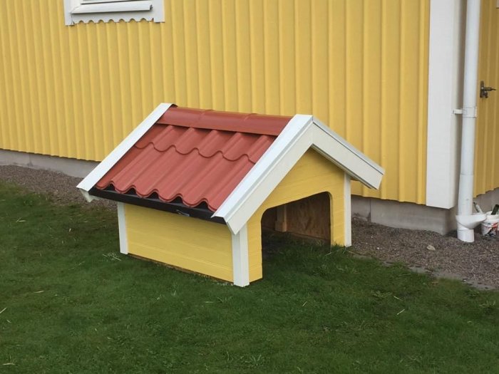 Gul hundkoja med rött sadeltak framför en gul husvägg, designad för god ventilation.