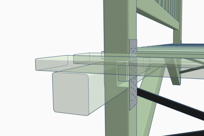 3D-modell av stolpe och räcke med hålplatta och bultförstärkning till brobygge.