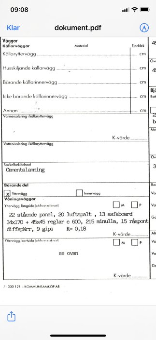 Skärmdump av byggspecifikation med markering för yttre väggkonstruktion och använda material.