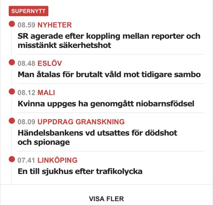 Skärmdump av nyhetslista med rubriker om händelser och brott, innehållande tidsstämplar och ortsnamn.