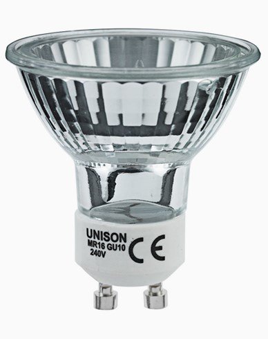 Halogen spotlightlampa märkt med "UNISON MR16 GU10 240V".