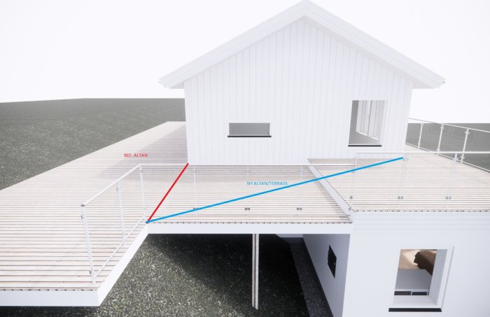 3D-ritning som visar en befintlig altan och en ny takterrass ihopbyggda vid ett hus.