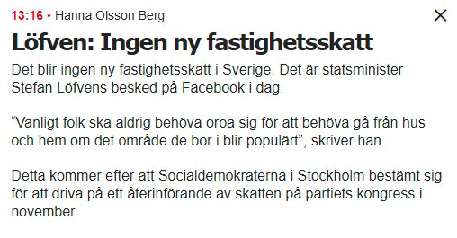 Bild på en nyhetsartikel som citerar statsministern om avsaknad av ny fastighetsskatt.