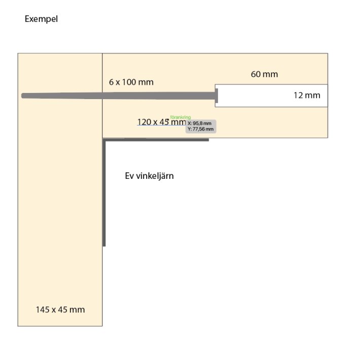 Skiss av tänkt byggkonstruktion med måttangivelser på träreglar och en eventuell plats för vinkeljärn.