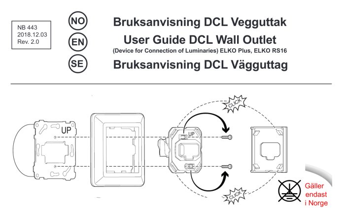 Schematisk installationsguide för Elko DCL vägguttag med anvisningar och "klick" indikationer.