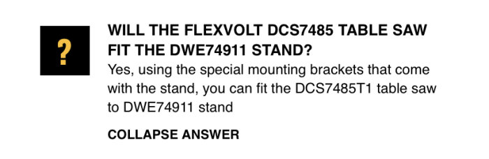 FAQ om kompatibilitet mellan Flexvolt DCS7485 bordsåg och DWE74911 stativ med fästen.