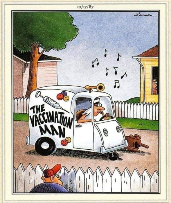 Tecknad bild av "The Vaccination Man" i en glassbil-liknande farkost spelar musik och lockar barn.