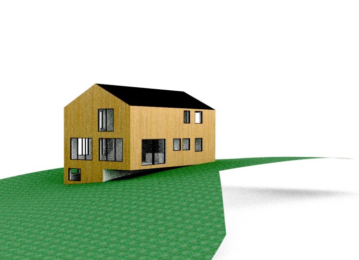 3D-rendering av ett modernt tvåplanshus med obehandlad granpanel och tjärt tak, på en grön kulle.