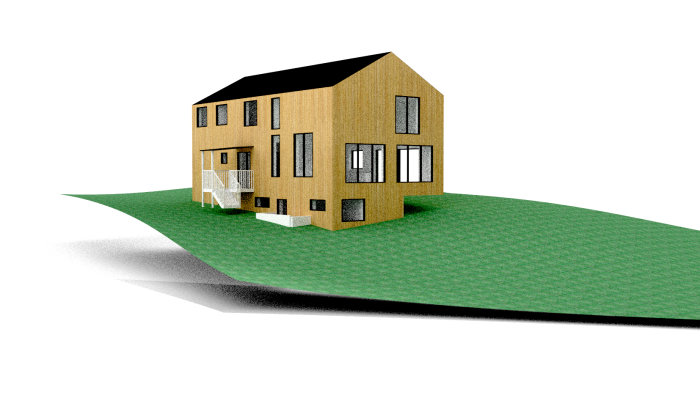 3D-rendering av tvåvåningshus med obehandlad granpanel och balkong på grön kulle.