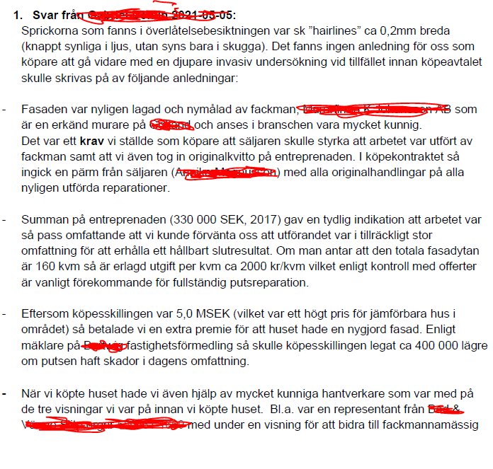 Skärmbild av ett textdokument med röda överstrykningar och anteckningar.