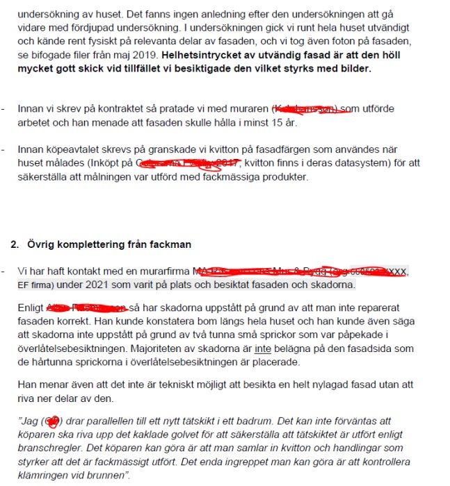 Skärmdump av en textdokument som diskuterar byggprojekt och fasadskador, med överstrukna personuppgifter.