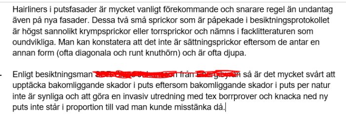 Skärmdump av ett textdokument som beskriver hairlines och sprickor i putsfasader och hur de bedöms av en besiktningsman.