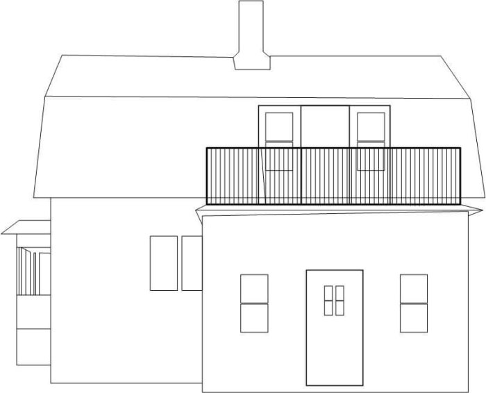 Ritning av hus med mansardtak och förslag till ny balkong på övervåningen.