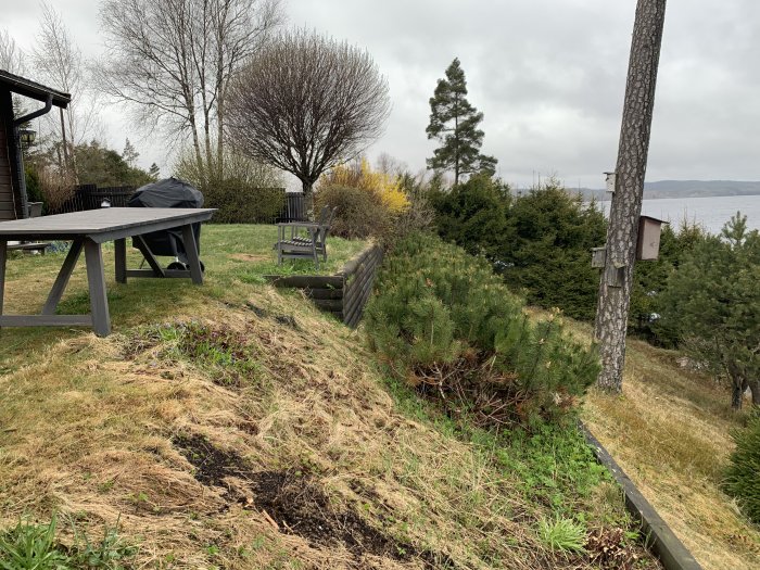 Trädgård med byggtimmer stödmurar, ett trädäck, och sjöutsikt i bakgrunden.