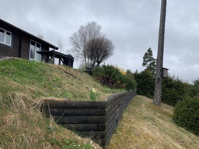 Stödmurar av byggtimmer som bildar en terass med grönt gräs och en mörk trävilla i bakgrunden.