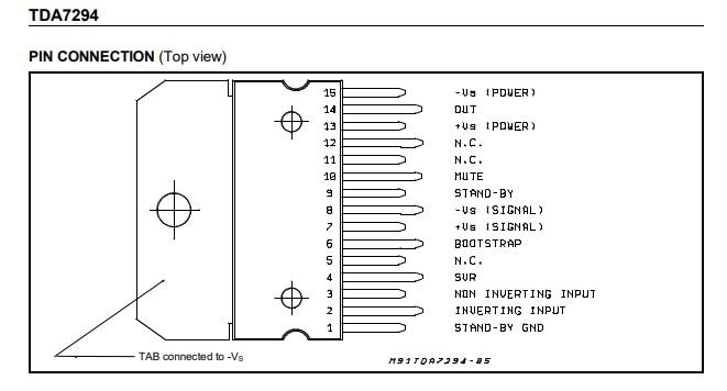 Schematisk illustration av TDA7294 förstärkarchip med PIN-anslutningar och beskrivningar, inklusive pinne 3 märkt som "INVERTING INPUT".