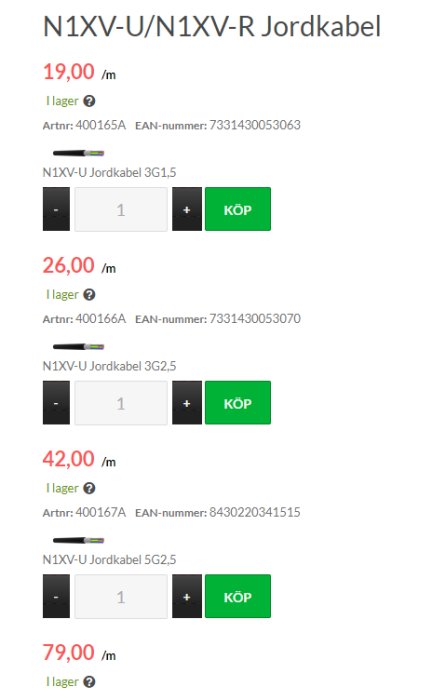 Skärmdump av olika typer av N1XV jordkablar med prisinformation och gröna 'KÖP'-knappar.