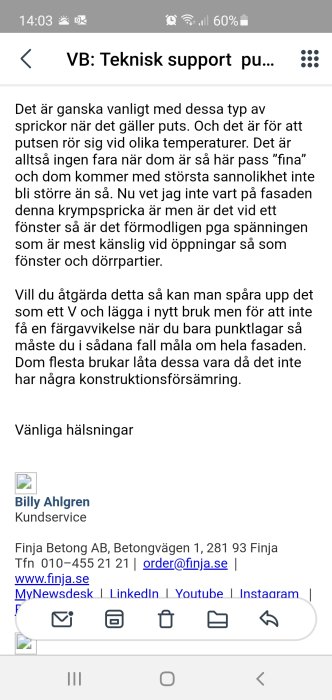 Skärmdump av e-post från Finja Betong med teknisk support gällande sprickor på puts.