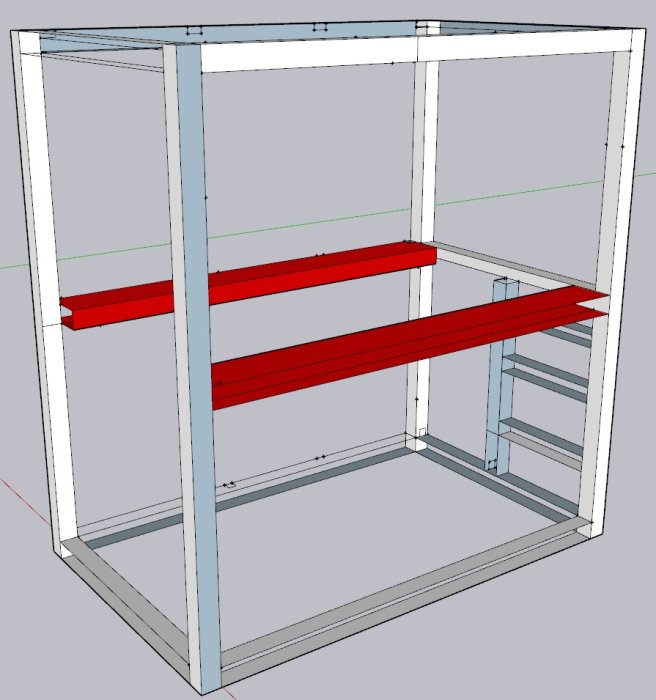 Skiss i Sketchup av en våningssängs konstruktion med röda stödbjälkar och vita limträpelare.