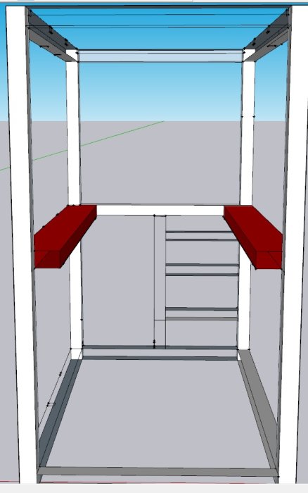 En Sketchup-skiss av en våningssäng med röda stödbalkar och hörnpelare av limträ.