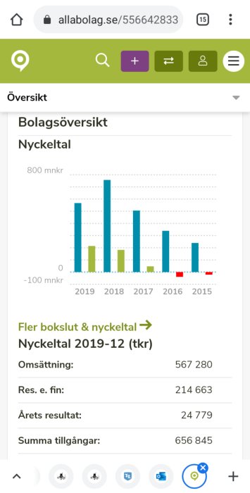 Stapeldiagram som visar ett företags ekonomiska resultat från 2015 till 2019 med varierande intäkter och förluster.