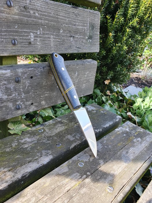Välslipad kniv med format skaft vilande på en gammal träbänk med gröna växter i bakgrunden.