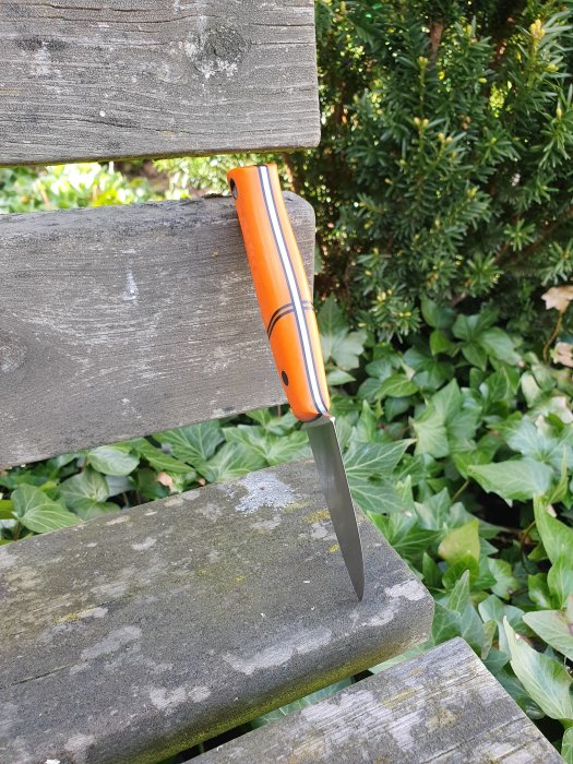 En handgjord kniv med orange skaft och slipad klinga fastklämd i en träbänk utomhus.