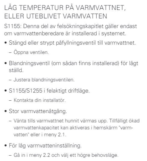 Fotografi av en anvisning för felsökning av låg temperatur på varmvatten med steg-för-steg instruktioner.